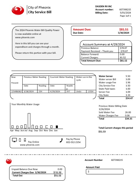 USA Arizona City of Phoenix business utility bill template in Word and PDF formats